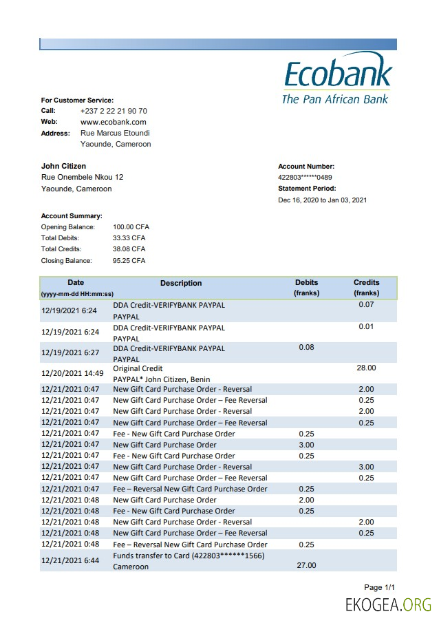 Modèle de relevé bancaire Ecobank du Cameroun facile à remplir au format de fichier .xls et .pdf